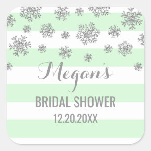 Pegatina Cuadrada Ducha nupcial Mint Stripes Plata Nieve Invierno