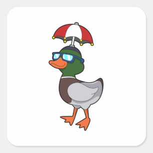 Pegatina Cuadrada Duck en la lluvia con paraguas. PNG