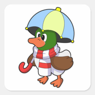 Pegatina Cuadrada Duck en Lluvia con paraguas