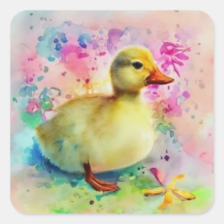 Pegatina Cuadrada Duckling en acuarela
