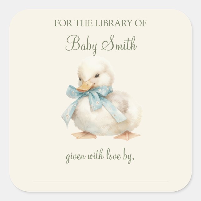 Pegatina Cuadrada Duckling with Ribbon Baby Shower Book Plate (Anverso)
