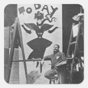 Pegatina Cuadrada Dudley Hardy pintando a un poster