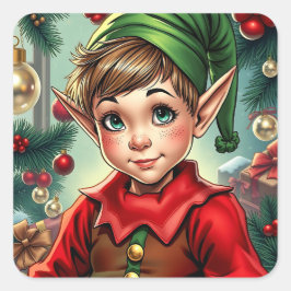 Pegatina Cuadrada Duende de Dibujos Animados Caprichoso | Navidad