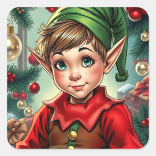 Pegatina Cuadrada Duende de Dibujos Animados Caprichoso   Navidad
