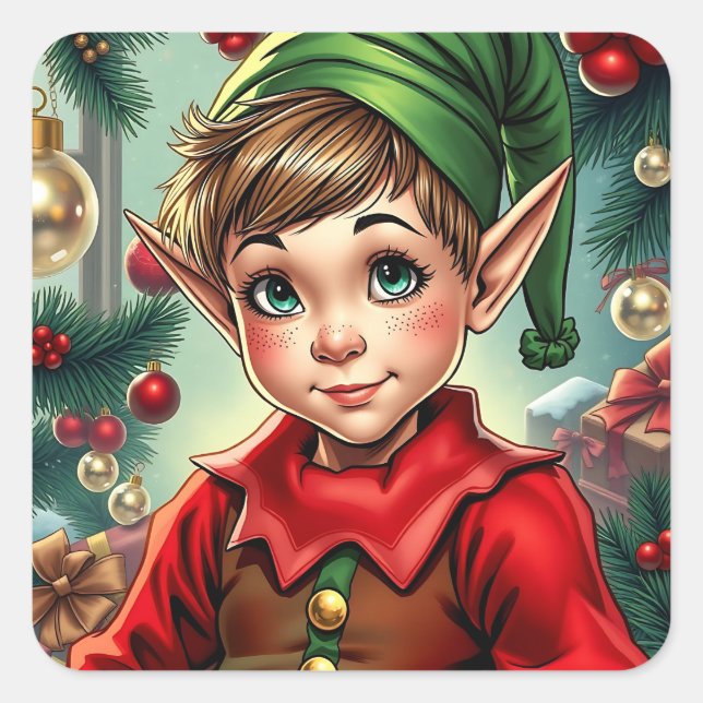 Pegatina Cuadrada Duende de Dibujos Animados Caprichoso | Navidad (Anverso)