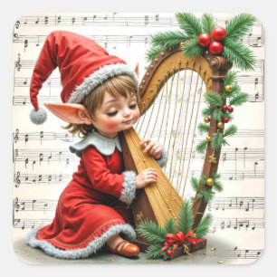 Pegatina Cuadrada Duende de Navidad tocando un arpa