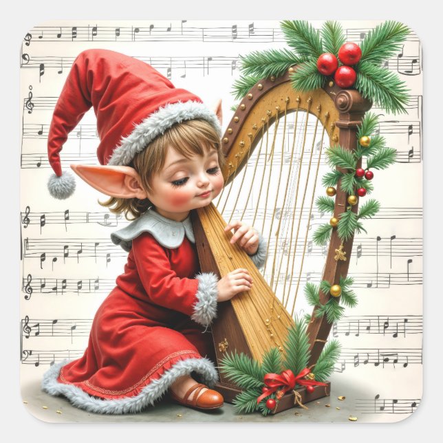 Pegatina Cuadrada Duende de Navidad tocando un arpa (Anverso)