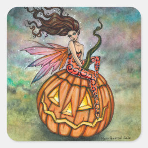 Pegatina Cuadrada Duende del arte de hadas de Halloween de Molly Har
