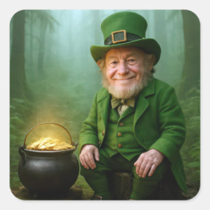 Pegatina Cuadrada Duende Irlandés con una Olla de Oro