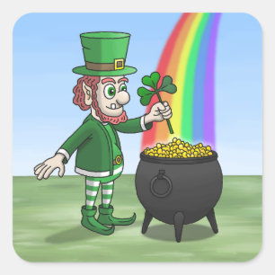 Pegatina Cuadrada duende irlandés y la olla llena de oro