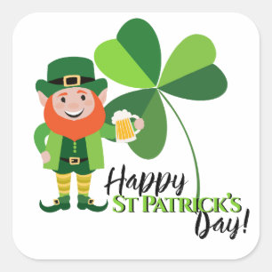 Pegatina Cuadrada Duende trébol Feliz día de San Patricio