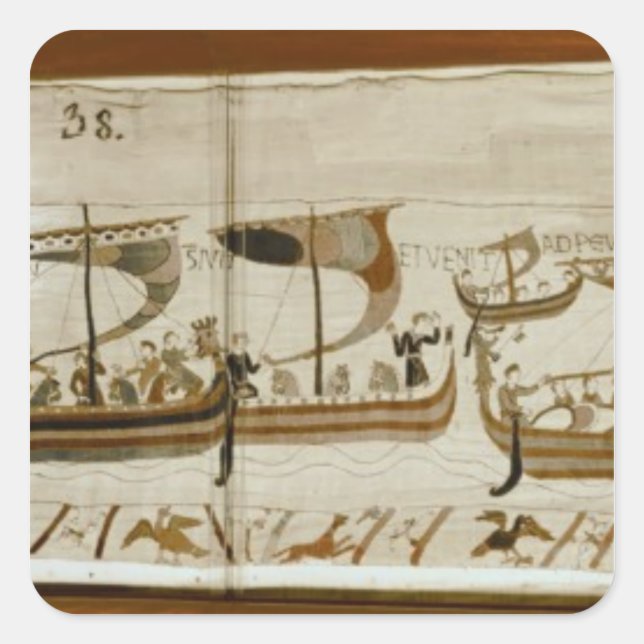 Pegatina Cuadrada Duke William y su flota cruzan Pevensey (Anverso)