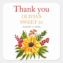 Pegatina Cuadrada Dulce 16 Dieciséis Aniversario del País Girasol