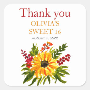 Pegatina Cuadrada Dulce 16 Dieciséis Aniversario del País Girasol