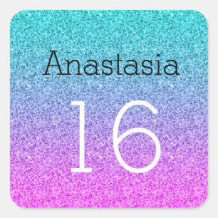 Pegatina Cuadrada Dulce 16 Dieciséis Purpurinas Púrpura Rosa Rosa