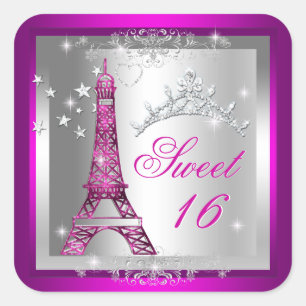 Pegatina Cuadrada Dulce 16 Dulce Dieciséis Torre Eiffel Tiara Rosa