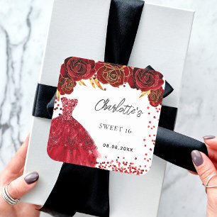 Pegatina Cuadrada Dulce 16 flores de vestir rojas blanco