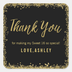 Pegatina Cuadrada Dulce 16 Purpurinas de oro negro favoritos de cump