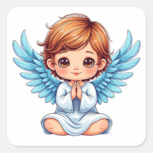 Pegatina Cuadrada Dulce Ángel Con Alas Azules Y Halo