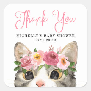 Pegatina Cuadrada Dulce Aquarela de Gatito Niña Baby Shower