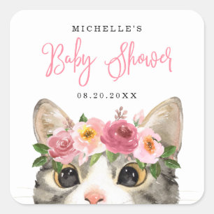 Pegatina Cuadrada Dulce Aquarela Gatito Niña Baby Shower