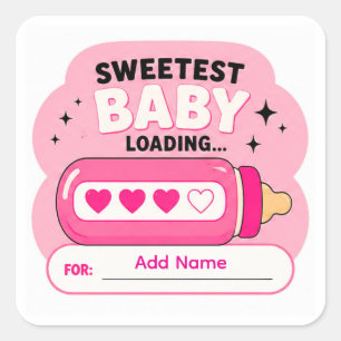 Pegatina Cuadrada 🍼 Dulce Bebé Cargando Nombre de Baby Shower 🍼