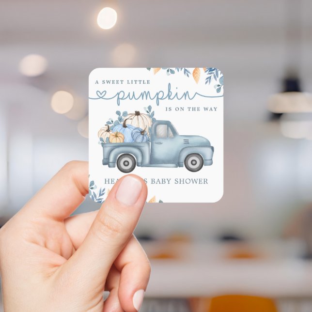 Pegatina Cuadrada Dulce Calabacita Azul Otoño Baby Shower (Subido por el creador)