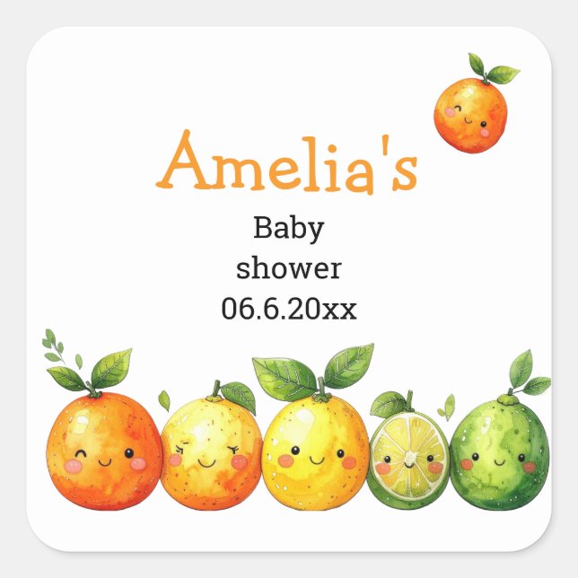 Pegatina Cuadrada Dulce Citrus Cutie Baby Shower  (Anverso)