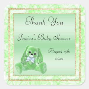Pegatina Cuadrada Dulce Conejo Verde Gracias Baby Shower