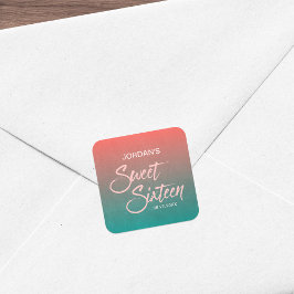 Pegatina Cuadrada Dulce de gradiente coral y Verde azulado 16 cumple