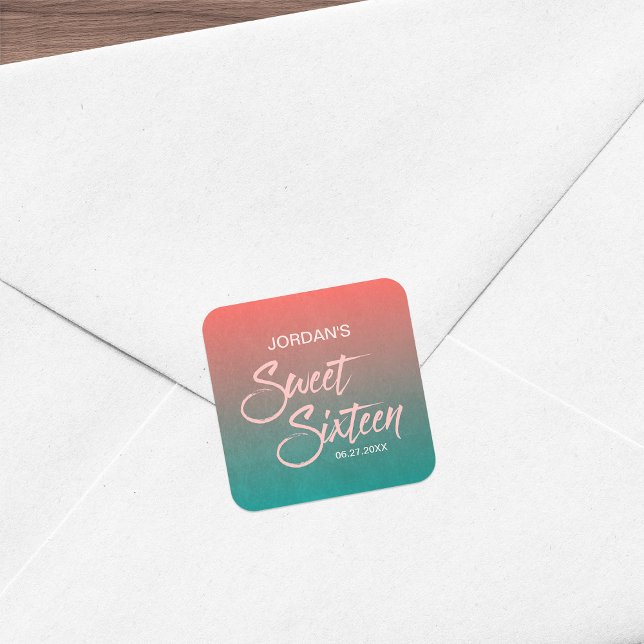 Pegatina Cuadrada Dulce de gradiente coral y Verde azulado 16 cumple (Subido por el creador)