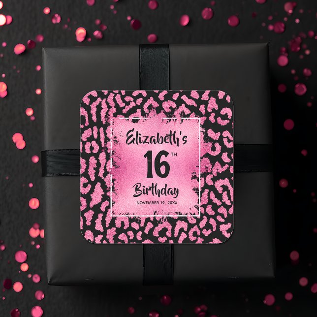 Pegatina Cuadrada Dulce de leopardo rosado caliente 16 cumpleaños (Hot pink and black leopard print Sweet 16 birthday square favor stickers)