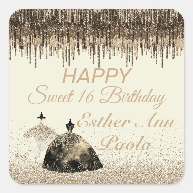 Pegatina Cuadrada Dulce de oro de moda Ball Gown 16 golosinas de cum (Anverso)