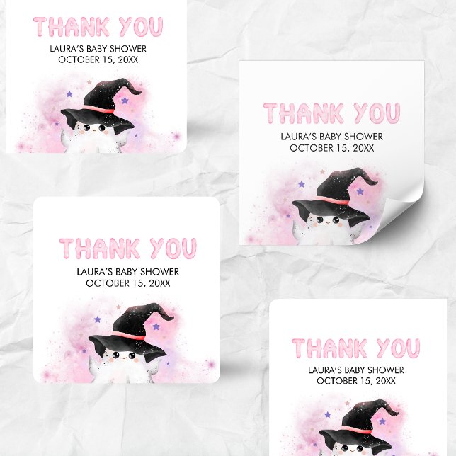 Pegatina Cuadrada Dulce de Shower de Bebé Fantasmita Rosa Bruja (Little Boo Halloween Baby Shower Square Sticker)