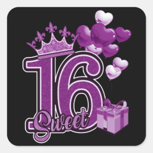 Pegatina Cuadrada Dulce Dieciséis Cumpleaños Púrpura