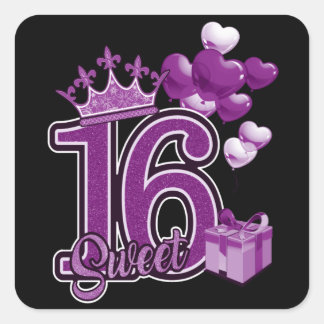 Pegatina Cuadrada Dulce Dieciséis Cumpleaños Púrpura