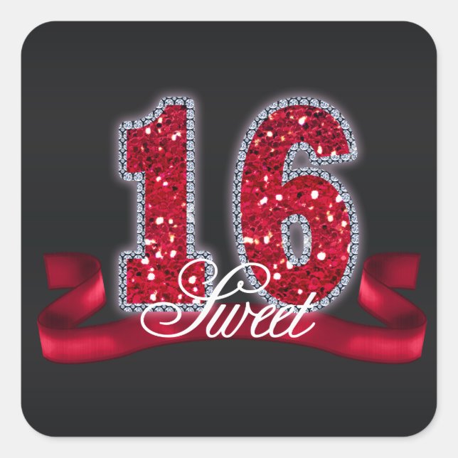 Pegatina Cuadrada Dulce Dieciséis Sparkle Red ID242 (Anverso)