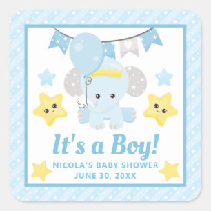 Pegatina Cuadrada Dulce Elefante Azul Baby Shower Es un Niño