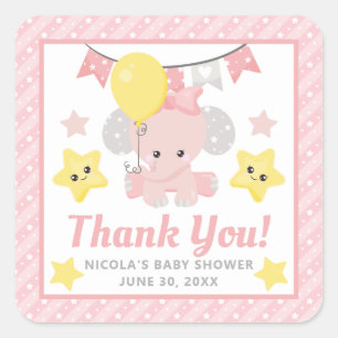 Pegatina Cuadrada Dulce Elefante Rosa Niña Baby Shower