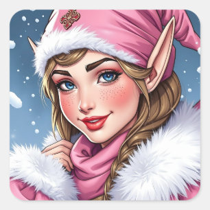 Pegatina Cuadrada Dulce Elfo Rosa Navidad