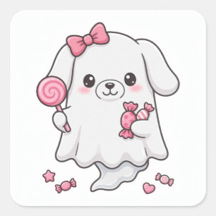 Pegatina Cuadrada Dulce Fantasma de Caramelo con Lazo Rosa Sticker K