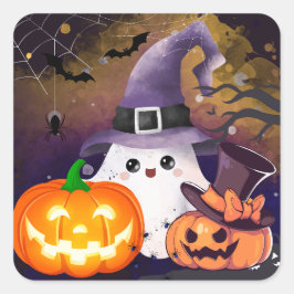 Pegatina Cuadrada Dulce Fantasma de Halloween con Sombrero de Bruja 