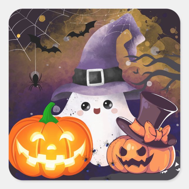 Pegatina Cuadrada Dulce Fantasma de Halloween con Sombrero de Bruja  (Anverso)