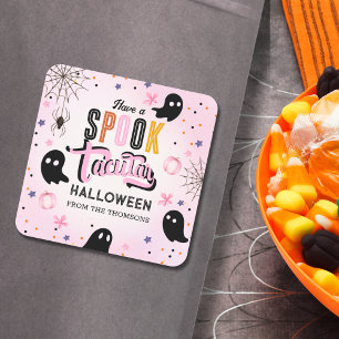 Pegatina Cuadrada Dulce Fantasma de Halloween Rosa y Negro Espeluzna