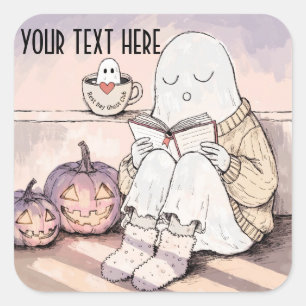Pegatina Cuadrada Dulce fantasma de lectura de Halloween, acogedor c