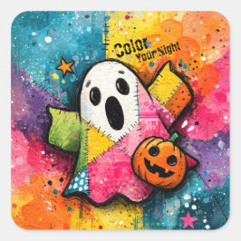 Pegatina Cuadrada Dulce Fantasma de Parche Colorido Arte Salpicado