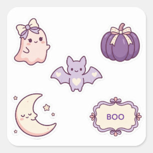 Pegatina Cuadrada Dulce Fantasma Murciélago Calabaza Luna Rosa Púrpu