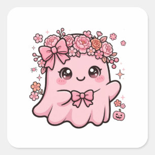 Pegatina Cuadrada Dulce Fantasma Rosa Floral Halloween