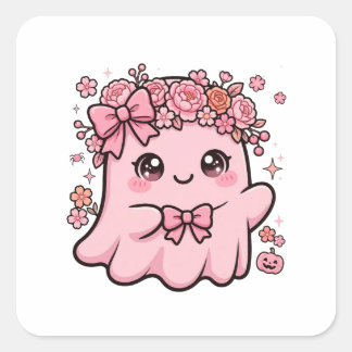 Pegatina Cuadrada Dulce Fantasma Rosa Floral Halloween