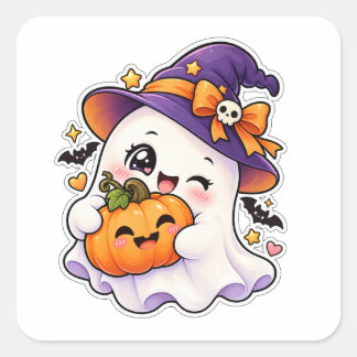 Pegatina Cuadrada Dulce Fantasma y Calabaza de Halloween Kawaii Espe